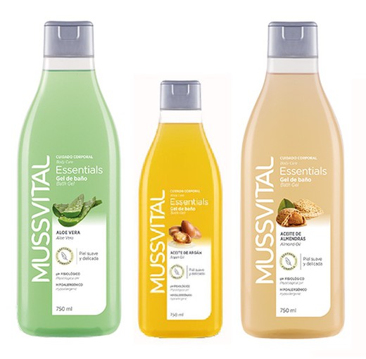 Mussvital Essentials Pack Gel de Baño Aloe Vera, Aceite de Argán y Aceite de Almendras 3x750ml