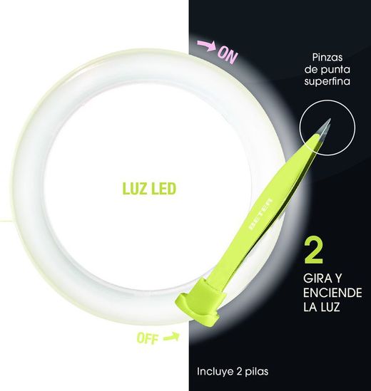 Beter Oooh! Tweezers flash Espejo Doble con Pinza de Depilar y Luz Led