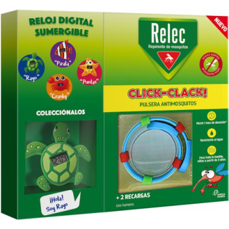 Relec Click-Clack Pulsera Anti-Mosquitos Infantil + Reloj Digital Tortuga